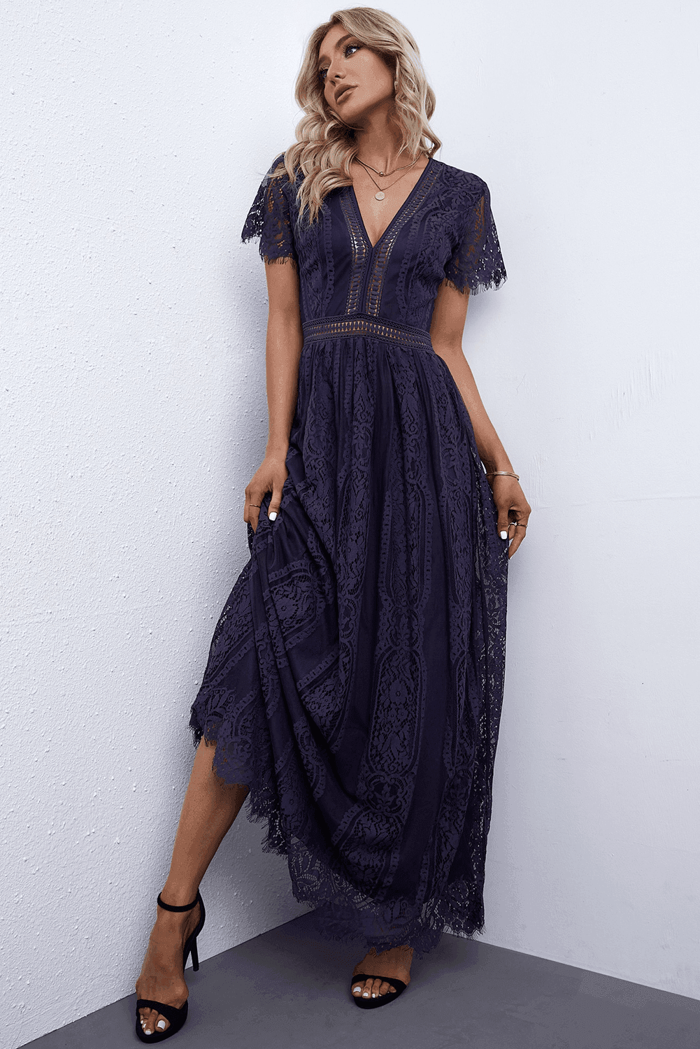 Scalloped Trim Lace Plunge Dress for Elegant Occasions - Selvanelle