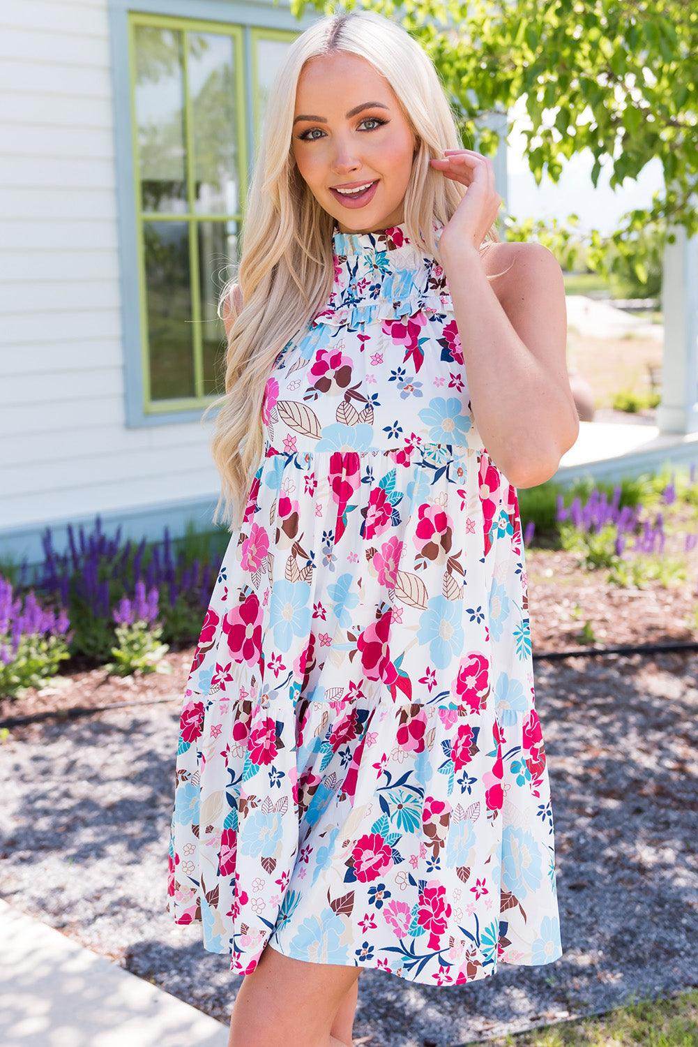Floral Mock Neck Sleeveless Tiered Dress for Casual Wear - Selvanelle