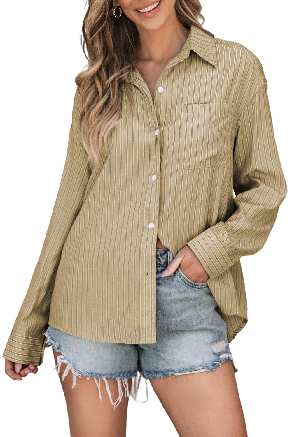 Striped Button Up Long Sleeve Shirt - Selvanelle