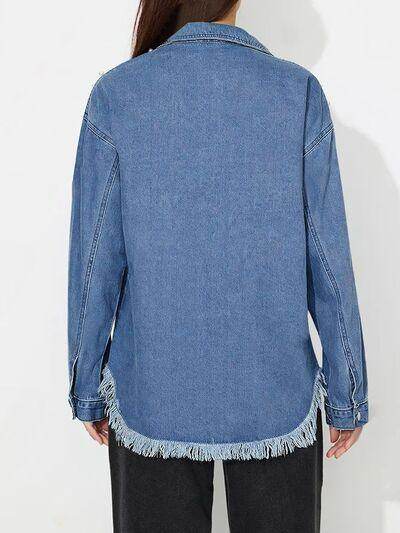 Raw Hem Pearl Trim Collared Neck Denim Top for Women - Selvanelle