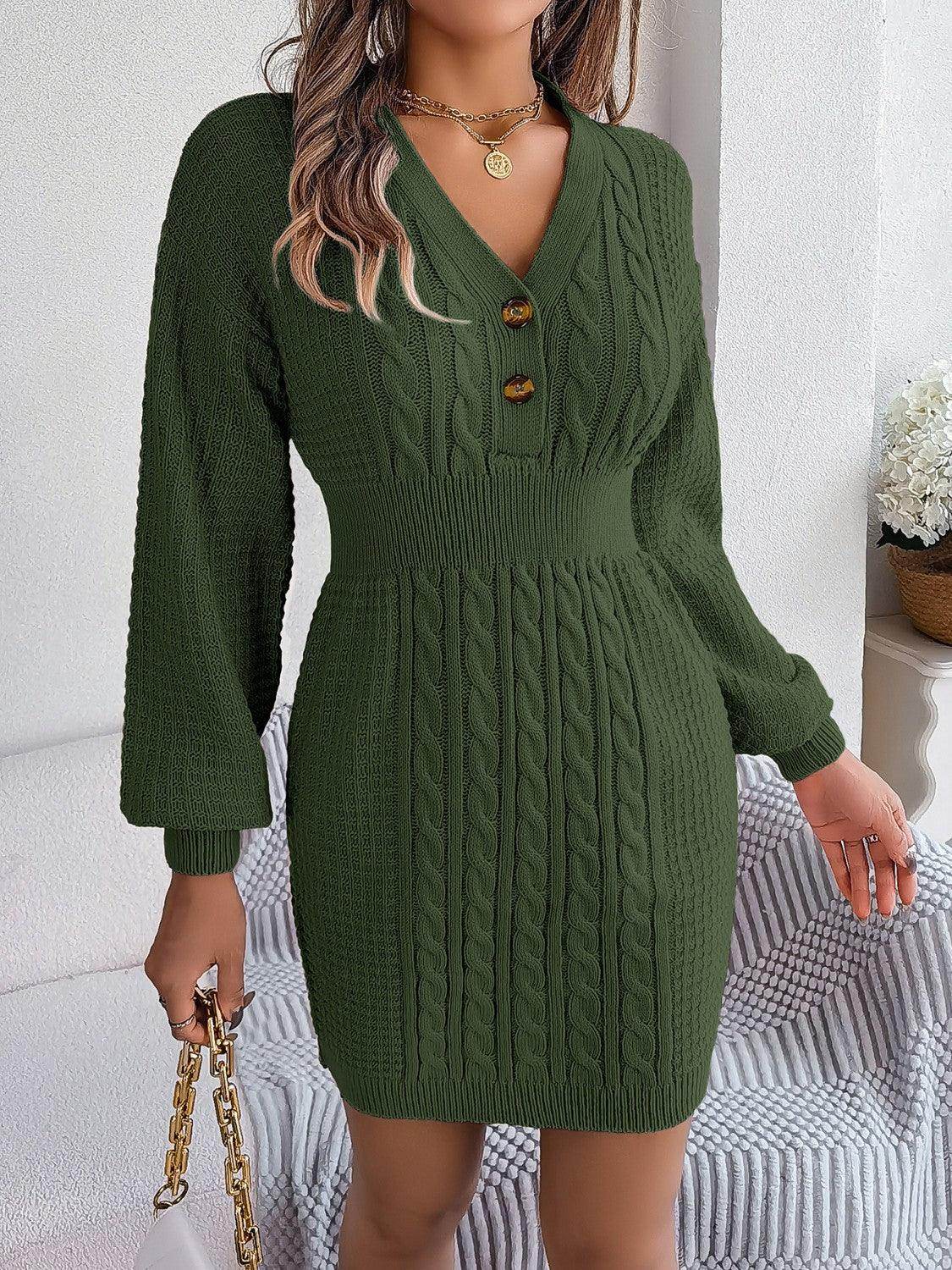 Buttoned Cable-Knit V-Neck Sweater Dress for Women - Selvanelle