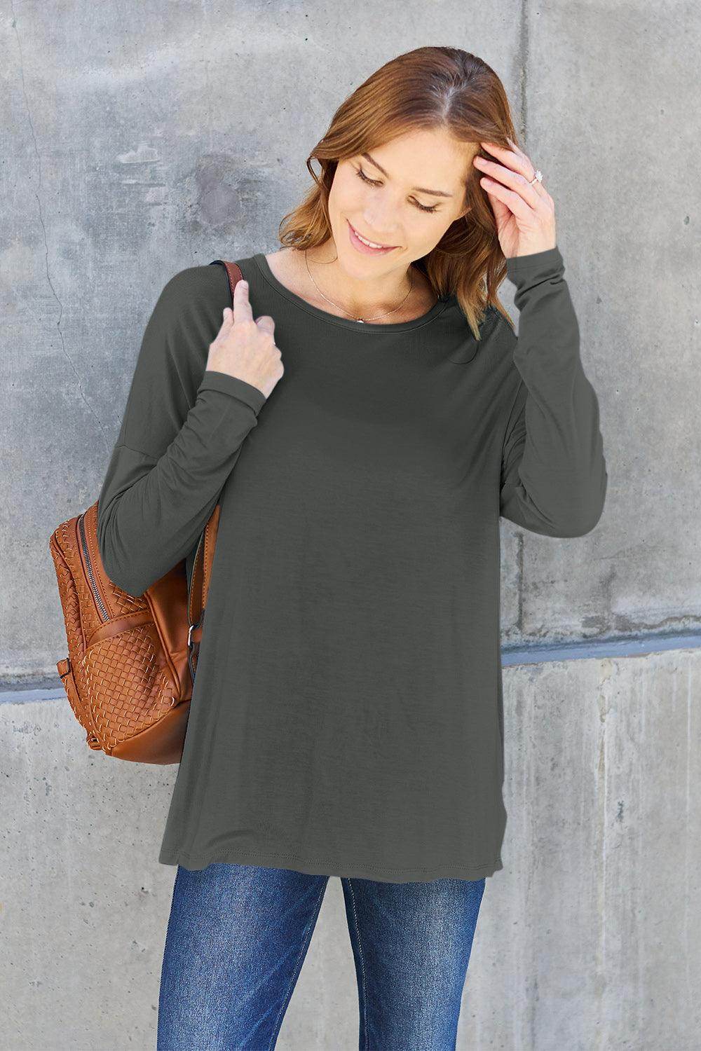 Basic Bae Full Size Round Neck Dropped Shoulder T-Shirt - Selvanelle