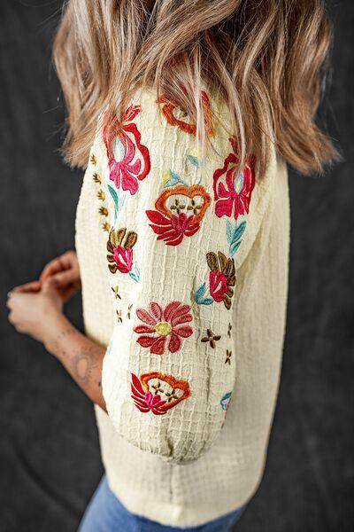 Floral Embroidered Notched Puff Sleeve Blouse for Women - Selvanelle