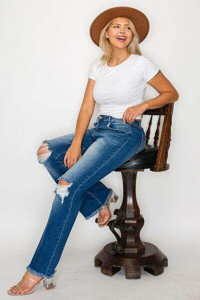 Bytos Full Size Raw Hem Distressed High Rise Bootcut Jeans - Selvanelle