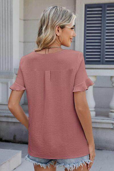 Ruffled V-Neck Short Sleeve Blouse for Stylish Women - Selvanelle