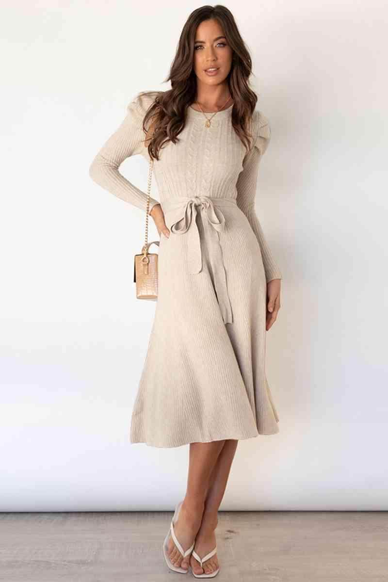 Round Neck Long Sleeve Tie Waist Sweater Dress for Women - Selvanelle