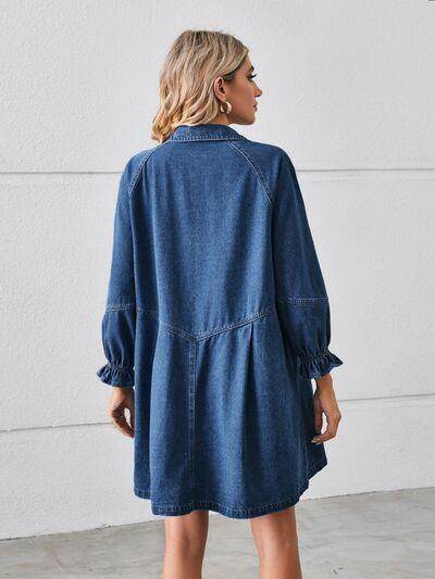 Button Up Flounce Sleeve Mini Denim Dress for Women - Selvanelle