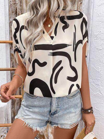 Perfee Printed Notched Half Sleeve Blouse for Women - Selvanelle