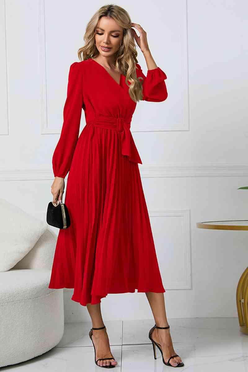 V-Neck Long Sleeve Tie Waist Midi Dress for Women - Selvanelle