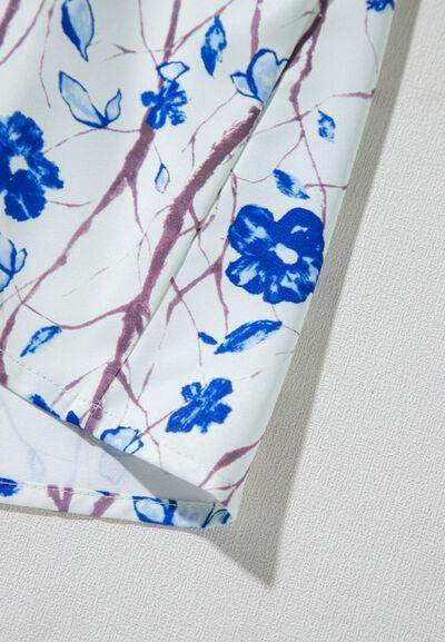 Waffle-Knit Printed Round Neck Flounce Sleeve Blouse for Women - Selvanelle