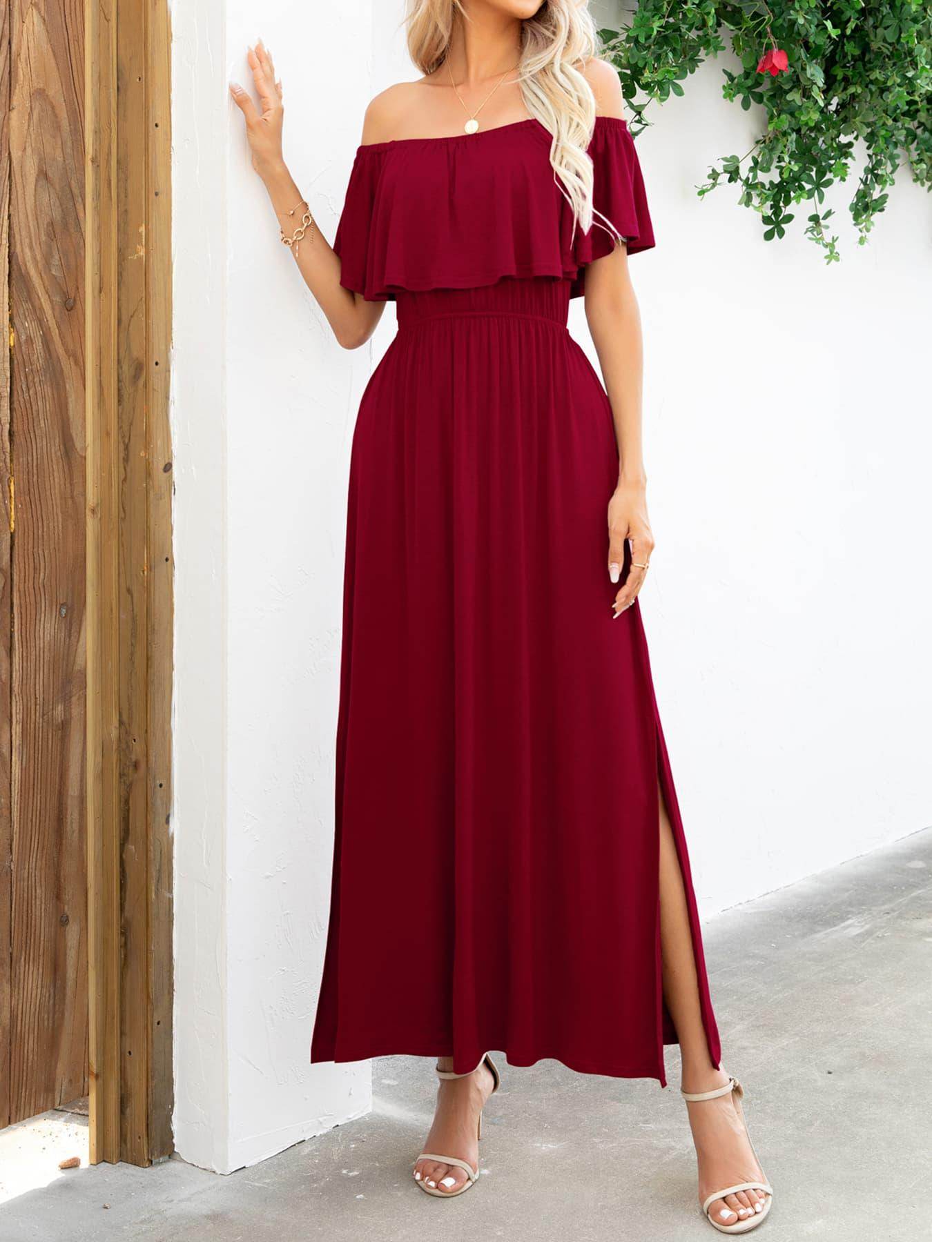 Off-Shoulder Slit Maxi Dress for Elegant Summer Style - Selvanelle