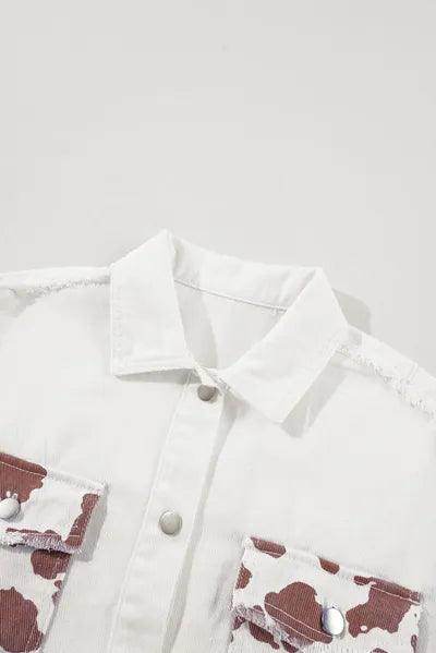 Raw Hem Animal Print Long Sleeve Denim Jacket for Women - Selvanelle