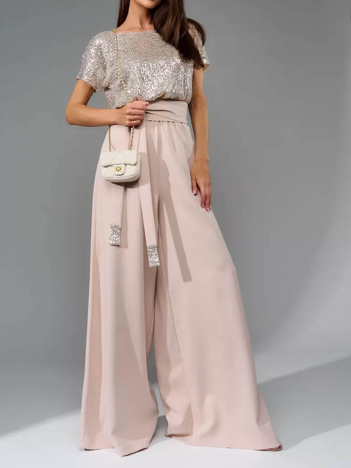 Full Size Sequin Round Neck Short Sleeve Wide Leg Jumpsuit - Selvanelle