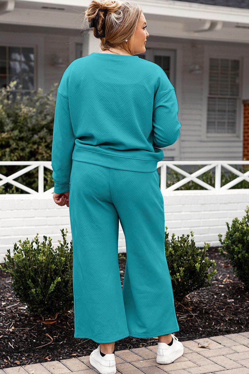 Double Take Full Size Textured Long Sleeve Top and Drawstring Pants Set for Women - Selvanelle