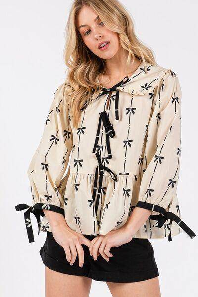 SAGE + FIG Bow Print Tie Front Babydoll Blouse for Women - Selvanelle