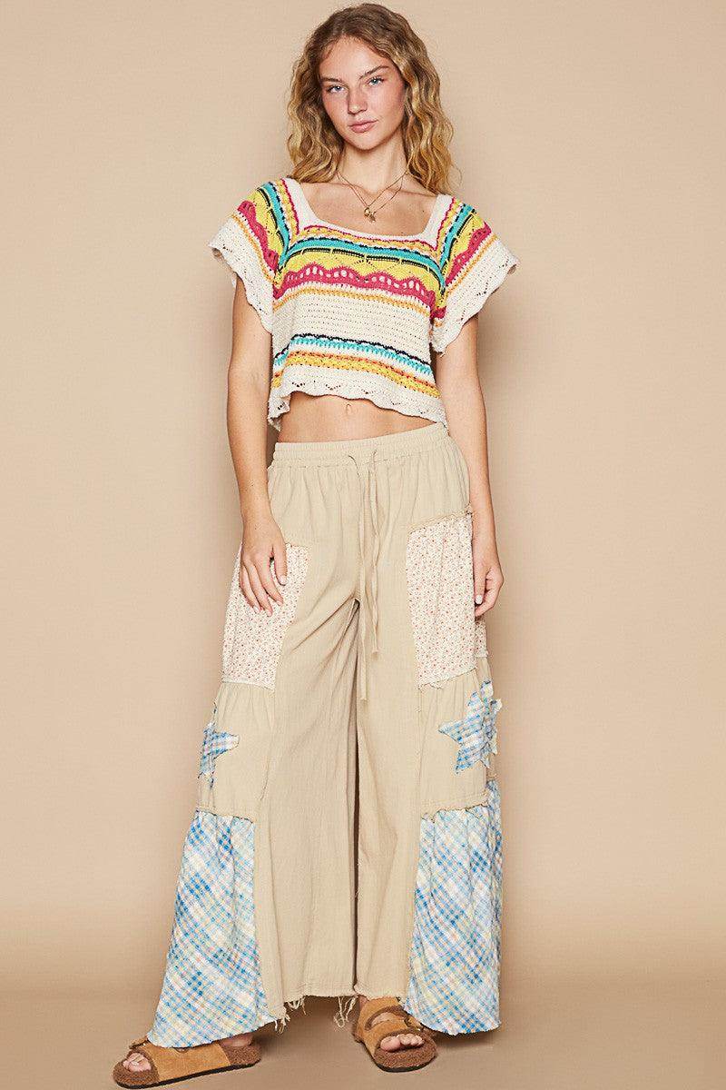 POL Openwork Ethnic Pattern Square Neck Cropped Knit Top - Selvanelle