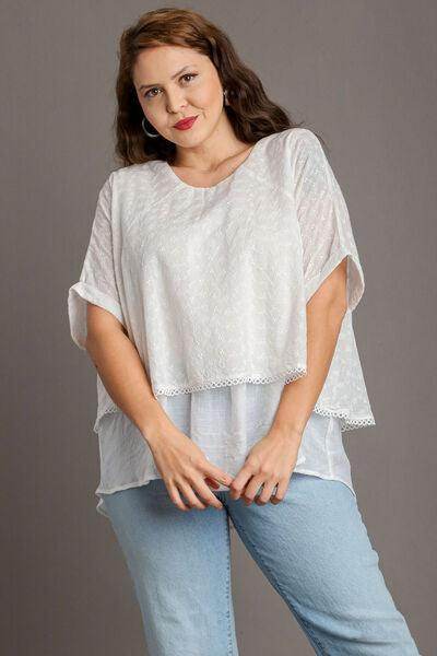 Umgee Full Size Eyelet Layered Short Sleeve Blouse Plus Size - Selvanelle