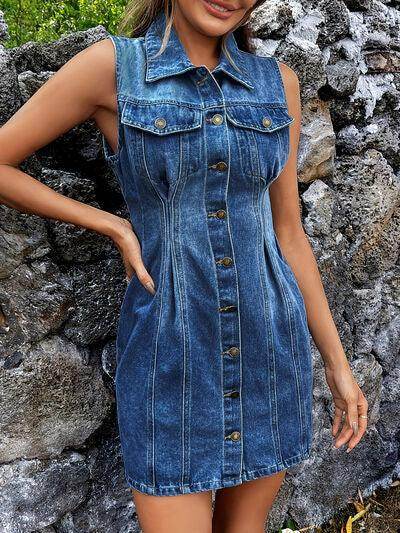 Pocketed Button Up Sleeveless Denim Dress for Women - Selvanelle