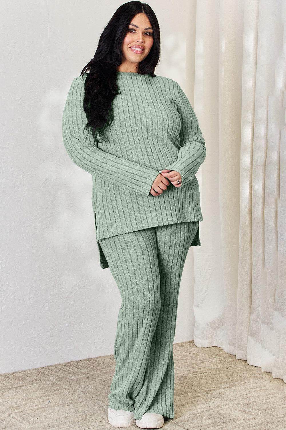 Basic Bae Full Size Ribbed High-Low Top and Wide Leg Pants Set - Selvanelle