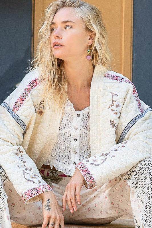 POL Embroidered Open Front Long Sleeve Jacket for Women - Selvanelle