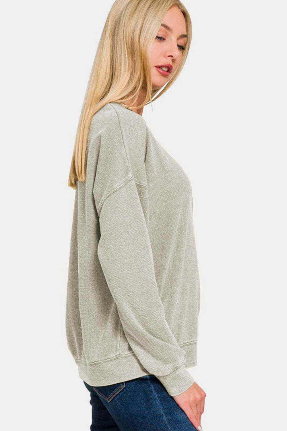 Zenana Washed Round Neck Dropped Shoulder Sweatshirt for Women - Selvanelle