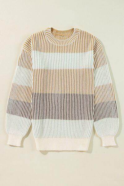 Striped Color Block Round Neck Long Sleeve Sweater for Women - Selvanelle