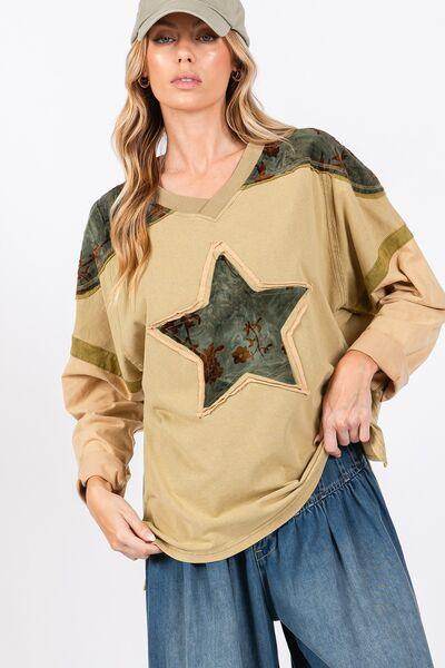 SAGE + FIG Star Patch Long Sleeve Color Block T-Shirt Style - Selvanelle