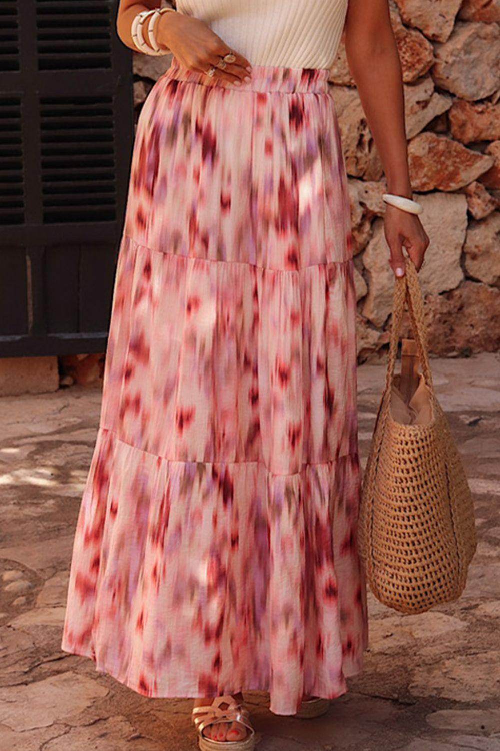 Tiered Printed Elastic Waist Skirt for Women in Various Sizes - Selvanelle