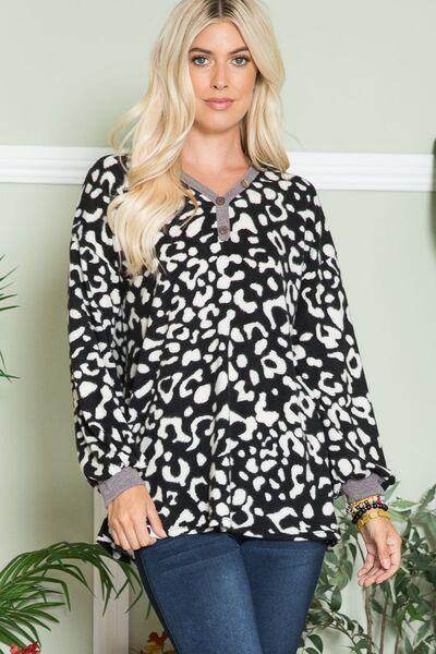 Celeste Full Size Leopard V-Neck Long Sleeve Blouse for Women - Selvanelle