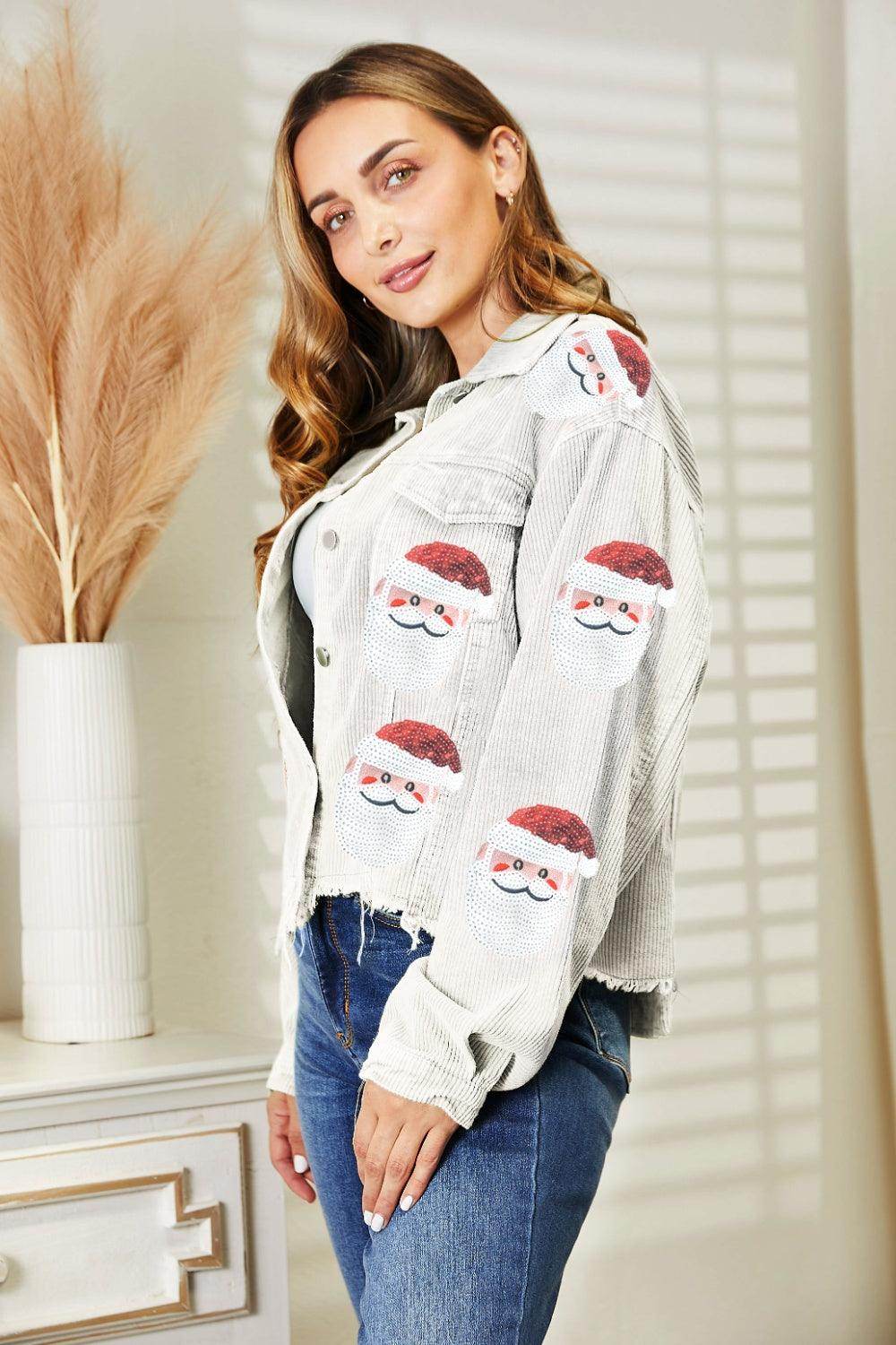 Santa Sequin Raw Hem Jacket with Pockets and Buttons - Selvanelle