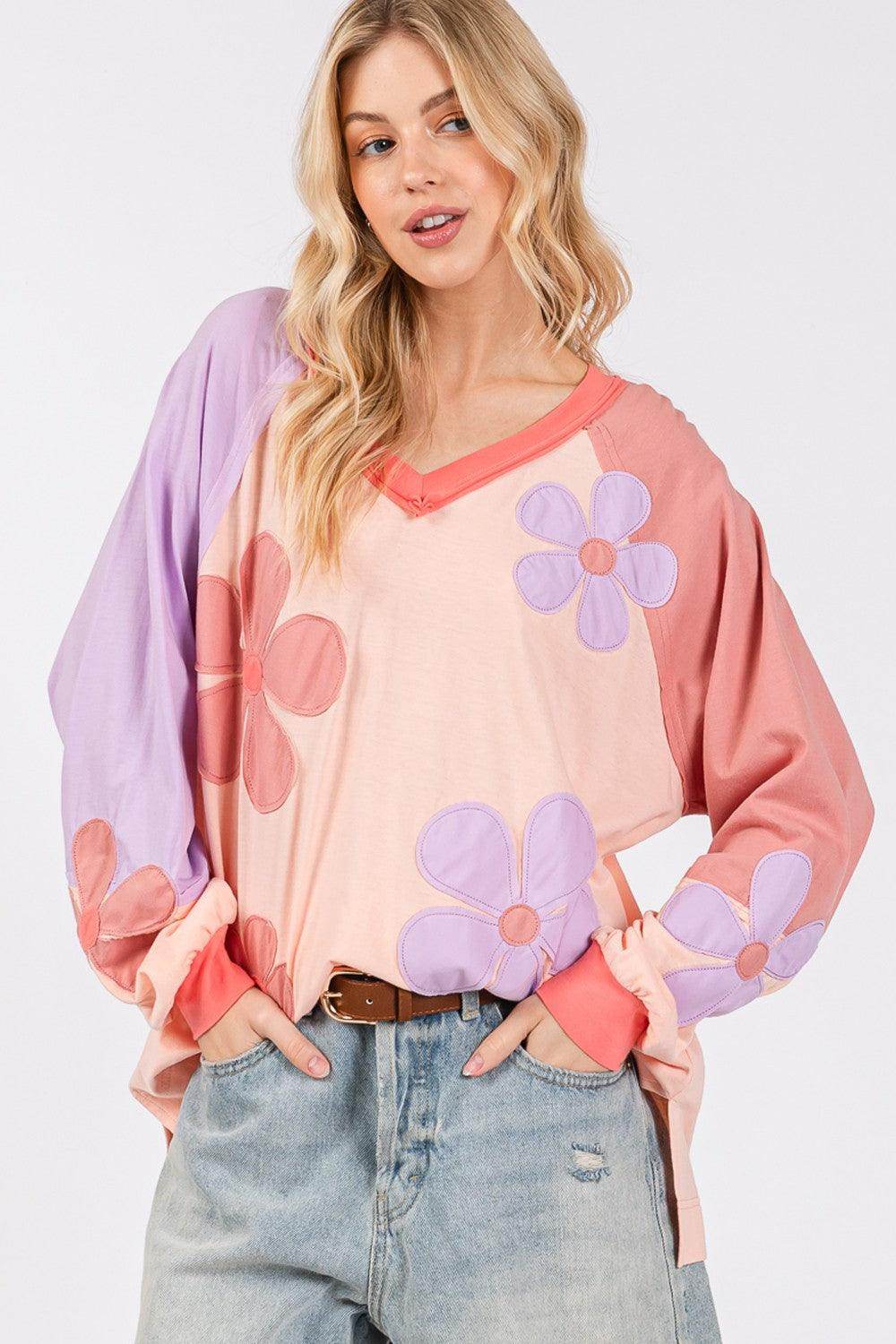 SAGE + FIG Full Size Daisy Applique Patch Long Sleeve Top - Selvanelle