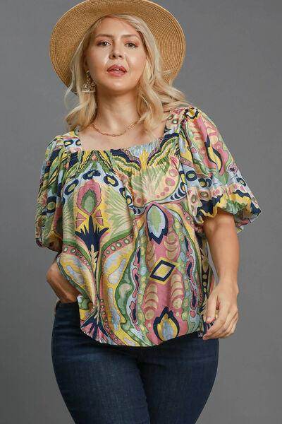 Umgee Full Size Abstract Print Smocked Puff Sleeve Blouse - Selvanelle