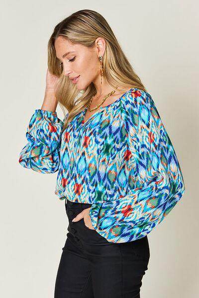 Double Take Full Size Printed Balloon Sleeve Blouse Women - Selvanelle