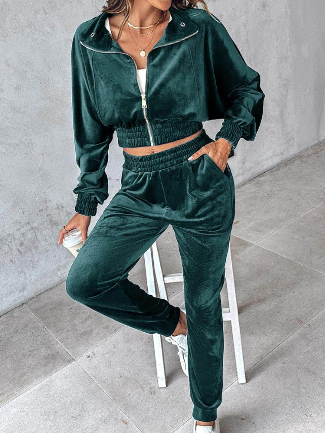 Zip Up Long Sleeve Cropped Top and Joggers Set for Women - Selvanelle