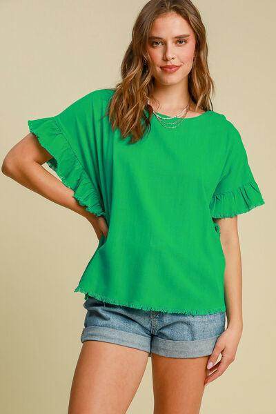 Umgee Full Size Raw Hem Ruffle Short Sleeve Blouse Plus Size - Selvanelle