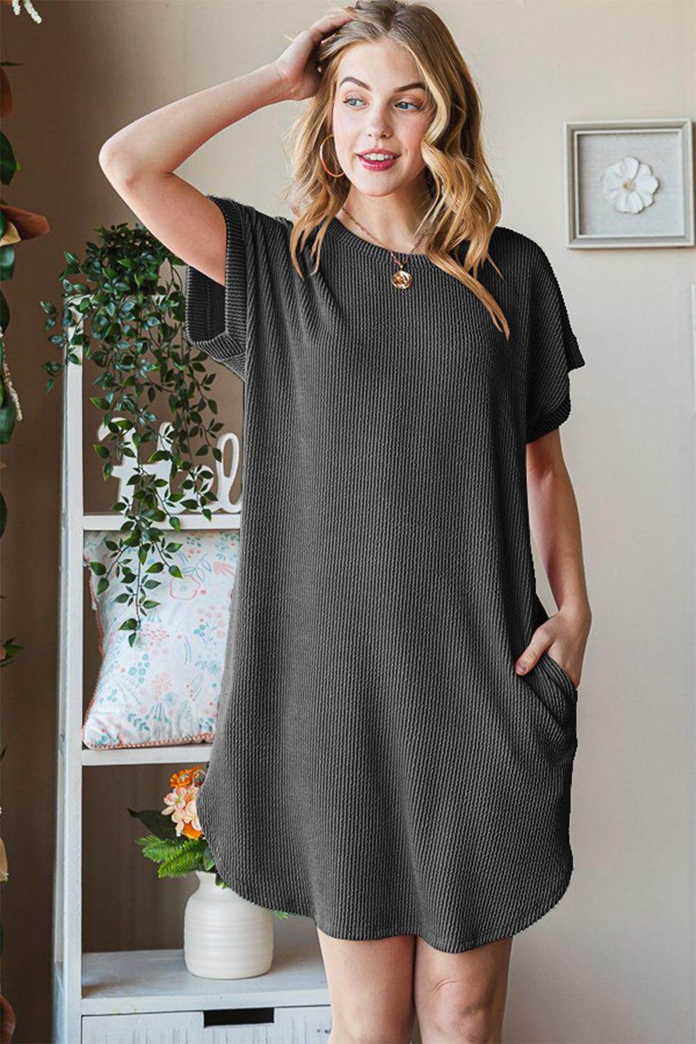 Heimish Full Size Ribbed Round Neck Short Sleeve Tee Dress - Selvanelle
