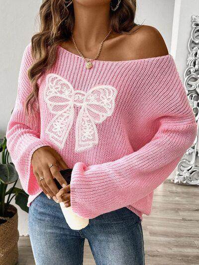 Bow Boat Neck Long Sleeve Sweater for Women Fashion - Selvanelle