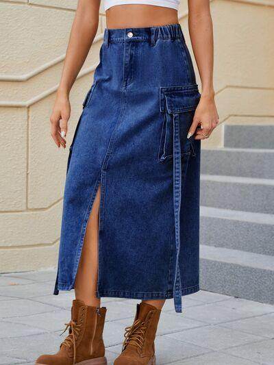 Slit Pocketed High Waist Denim Skirt for Women - Selvanelle