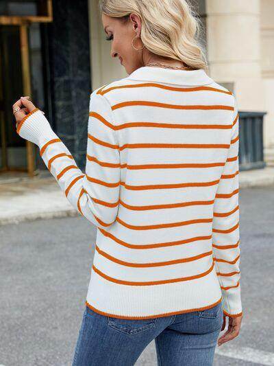 Striped Johnny Collar Long Sleeve Sweater for Women - Selvanelle