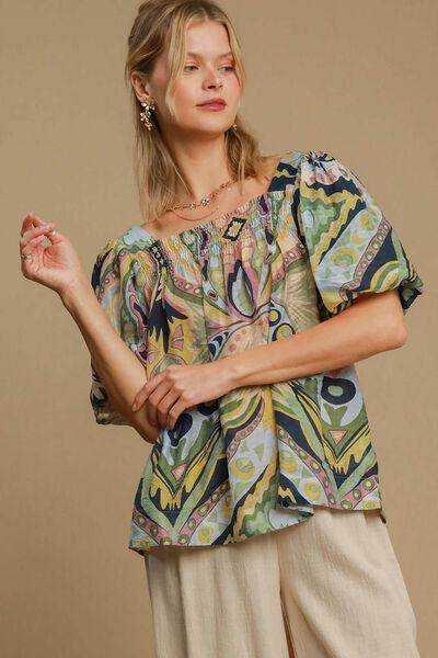 Umgee Full Size Abstract Print Smocked Puff Sleeve Blouse - Selvanelle