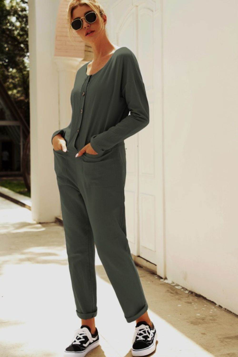 Buttoned Drop Shoulder Pocket Jumpsuit - Selvanelle