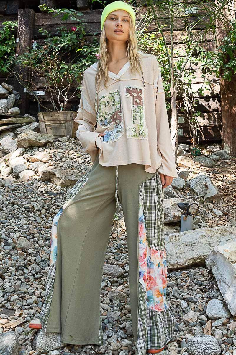 POL Exposed Seam Number Patch V-Neck Hooded Top for Women - Selvanelle