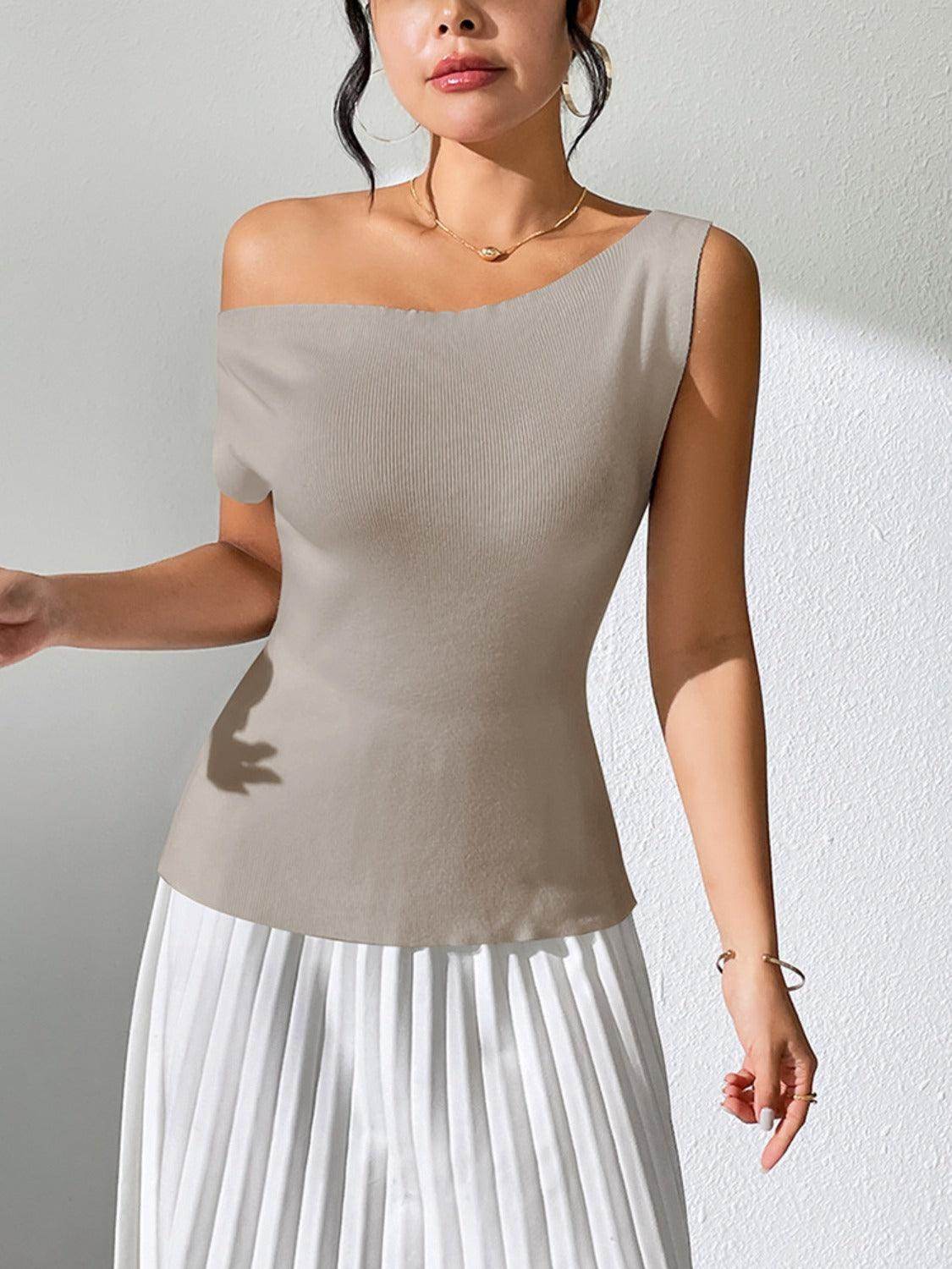 Single Shoulder Short Sleeve Knit Top for Women Fashion - Selvanelle