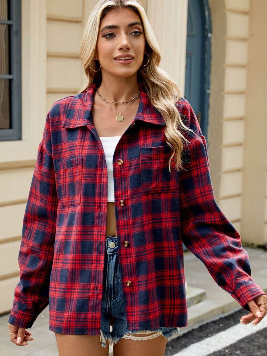 Plaid Collared Neck Long Sleeve Shirt - Selvanelle