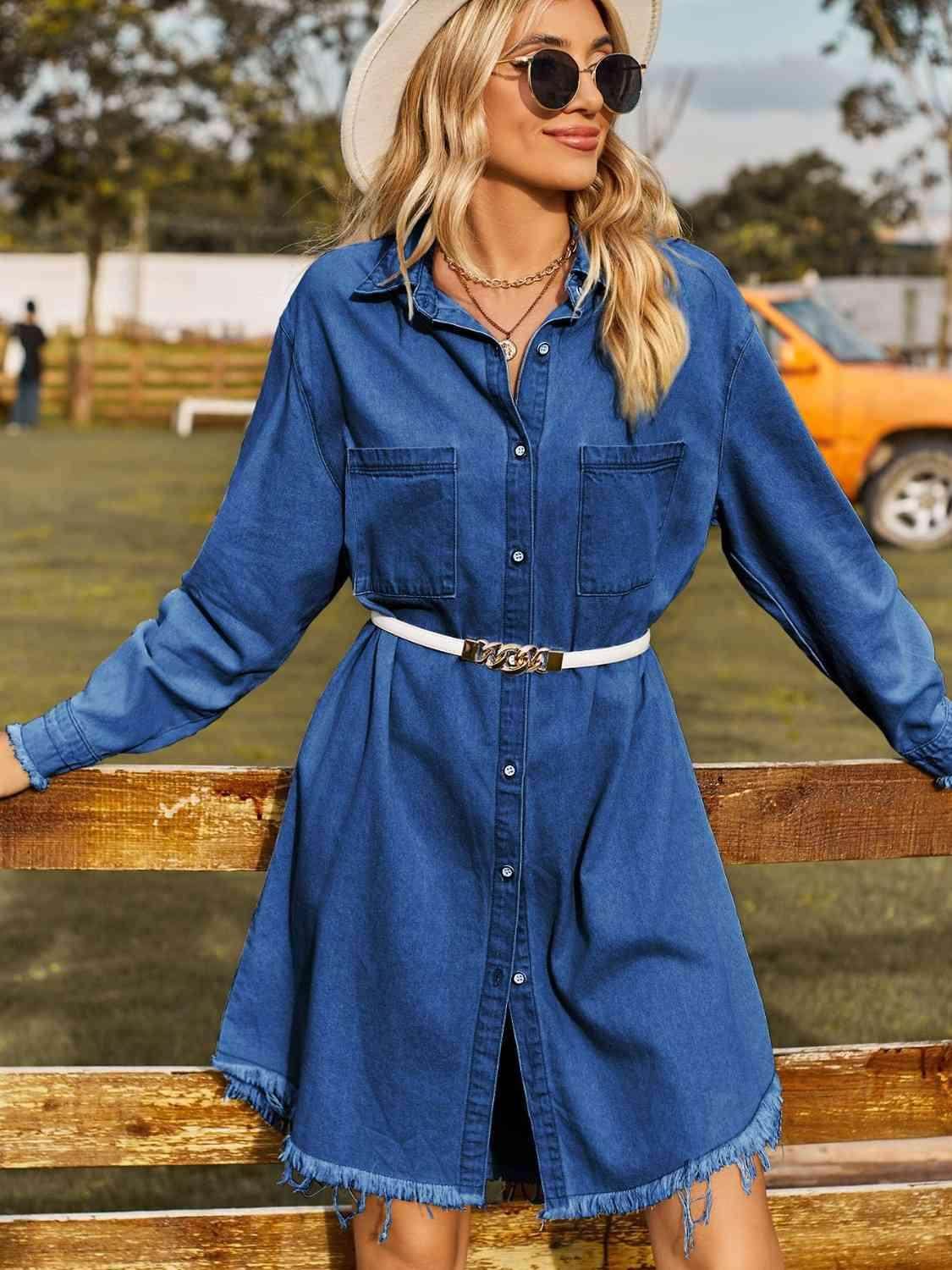 Button Up Collared Neck Raw Hem Denim Dress for Women - Selvanelle