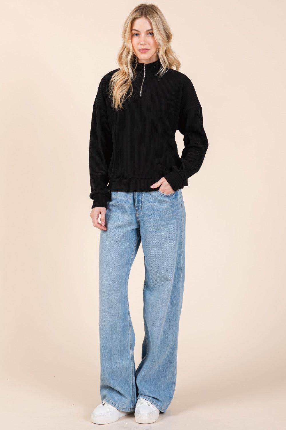 BOMBOM Quarter Zip Long Sleeve Sweatshirt with Pockets - Selvanelle