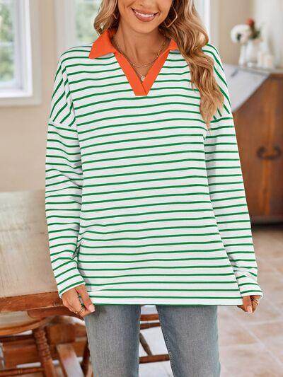 Lovelet Striped Johnny Collar Long Sleeve T-Shirt for Women - Selvanelle