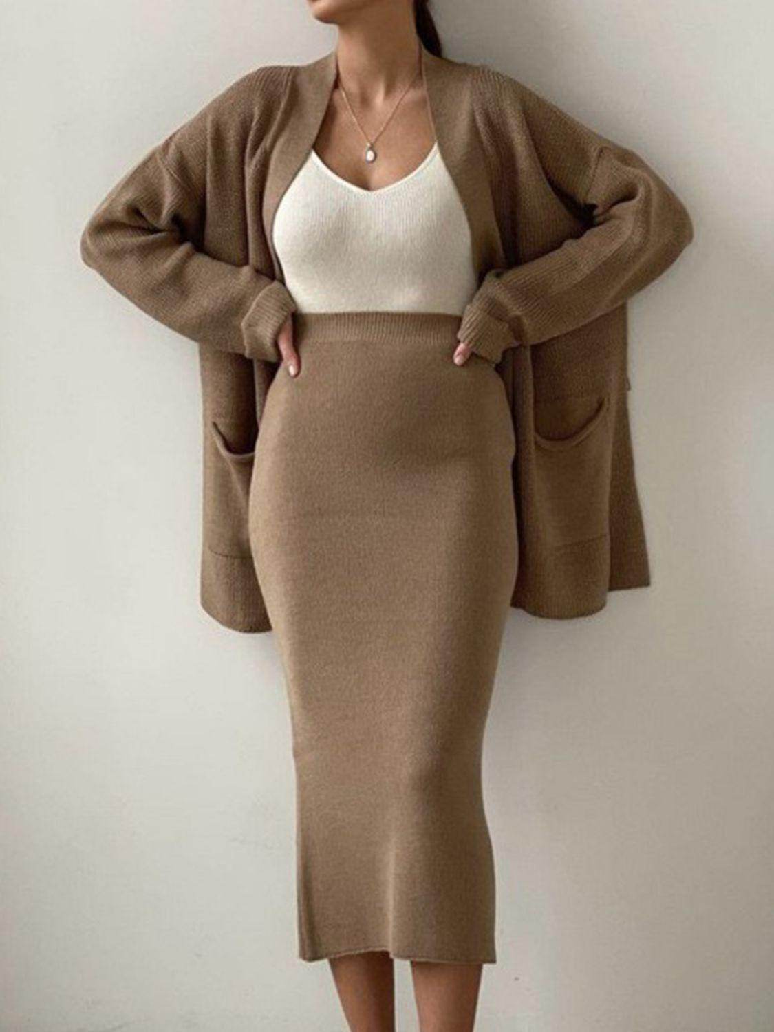 Pocketed Long Sleeve Cardigan and Skirt Sweater Set - Selvanelle