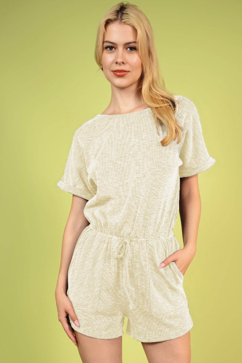 Round Neck Short Sleeve Romper with Pockets - Selvanelle