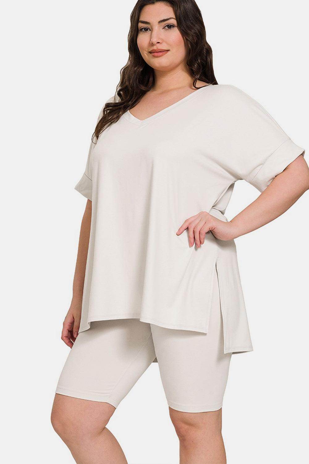 Zenana Full Size V-Neck Slit T-Shirt and Shorts Set - Selvanelle